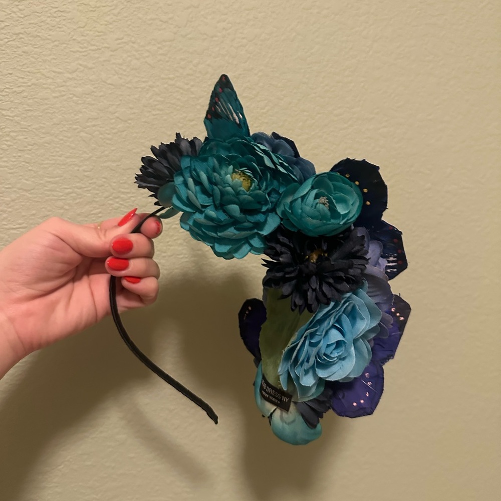 Floral Butterfly Derby Headband Fascinator with Blue and Teal Flowers
